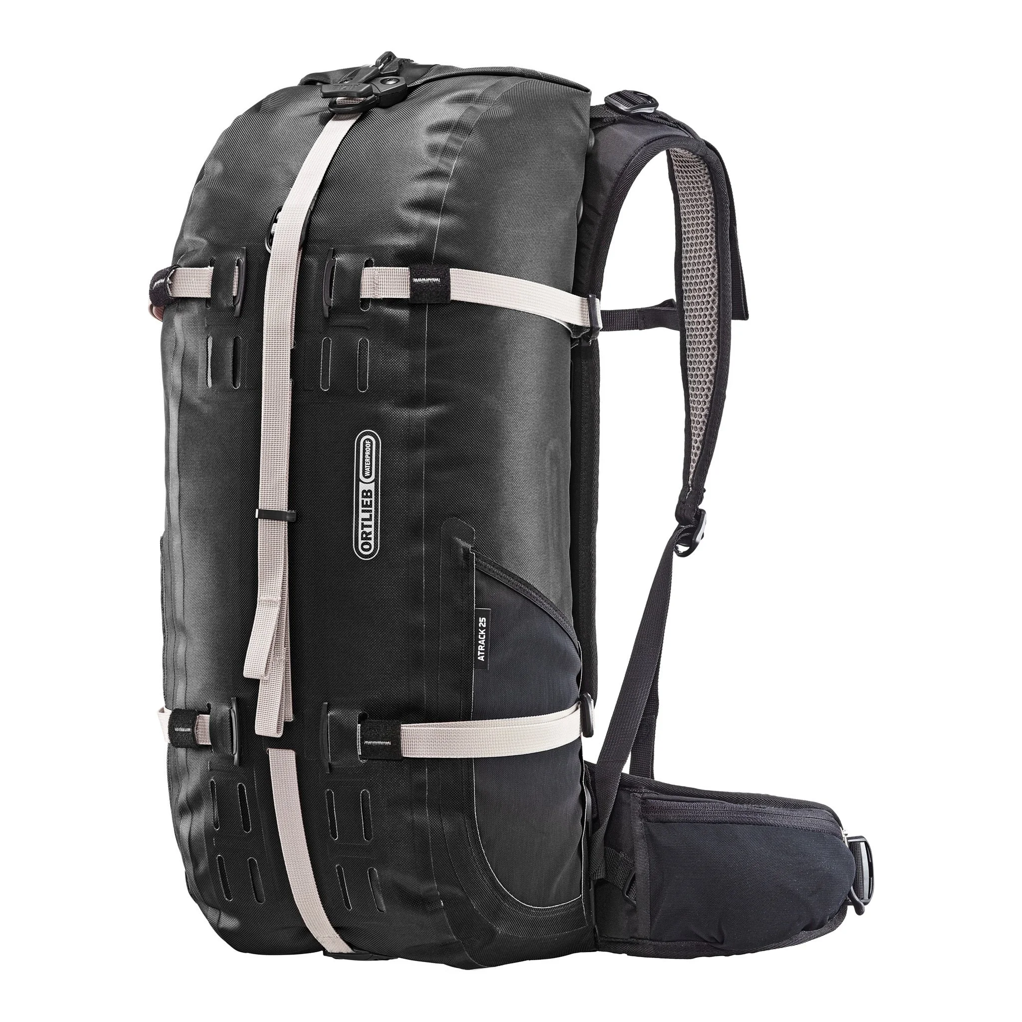 Vista frontal de la mochila impermeable ORTLIEB Atrack para exteriores en color rooibos con 25 litros, con detalles negros, correas de compresión ajustables, aletas de cadera y bolsillo lateral de malla.